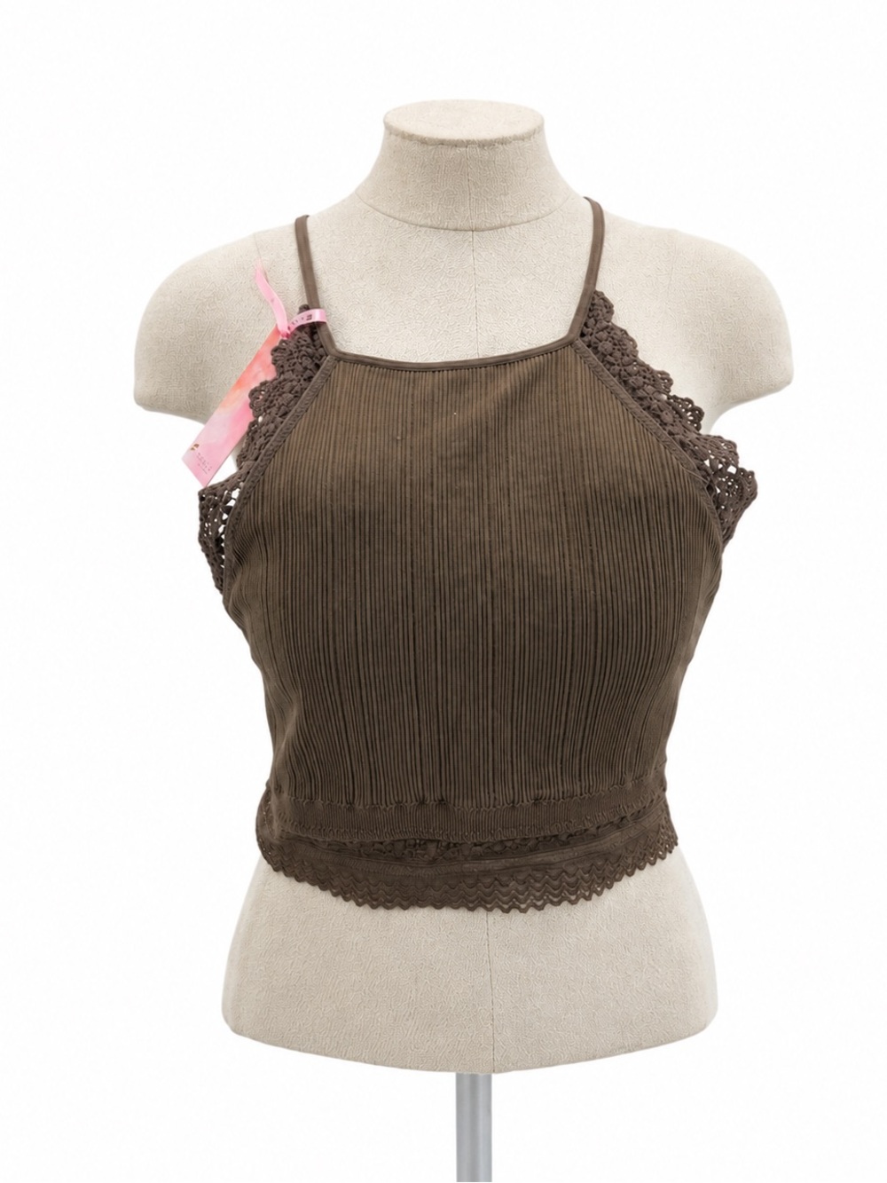 Fornia Brown Ribbed Bralette Lace Trim Size M/L Tank Boho